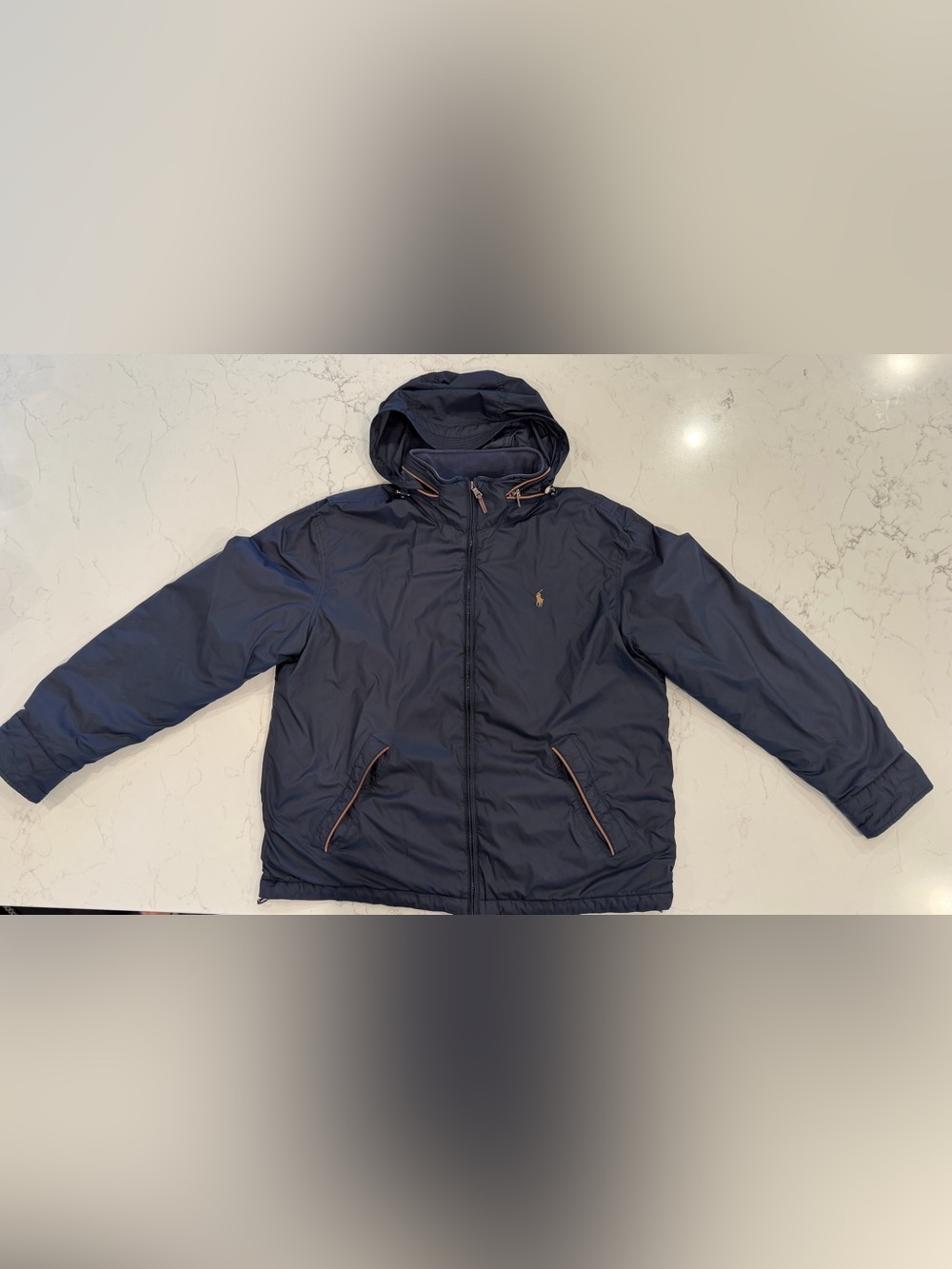 Polo by Ralph Lauren Navy Hooded Raincoat with Tan Logo